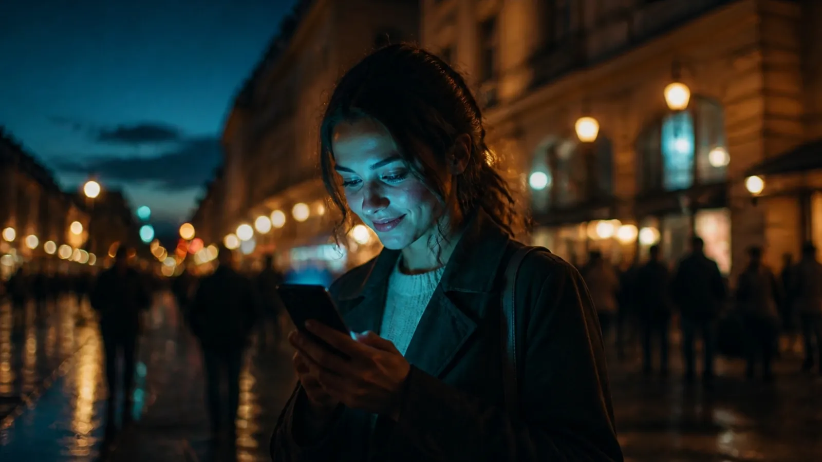 Persona en la calle de noche mirando su celular
